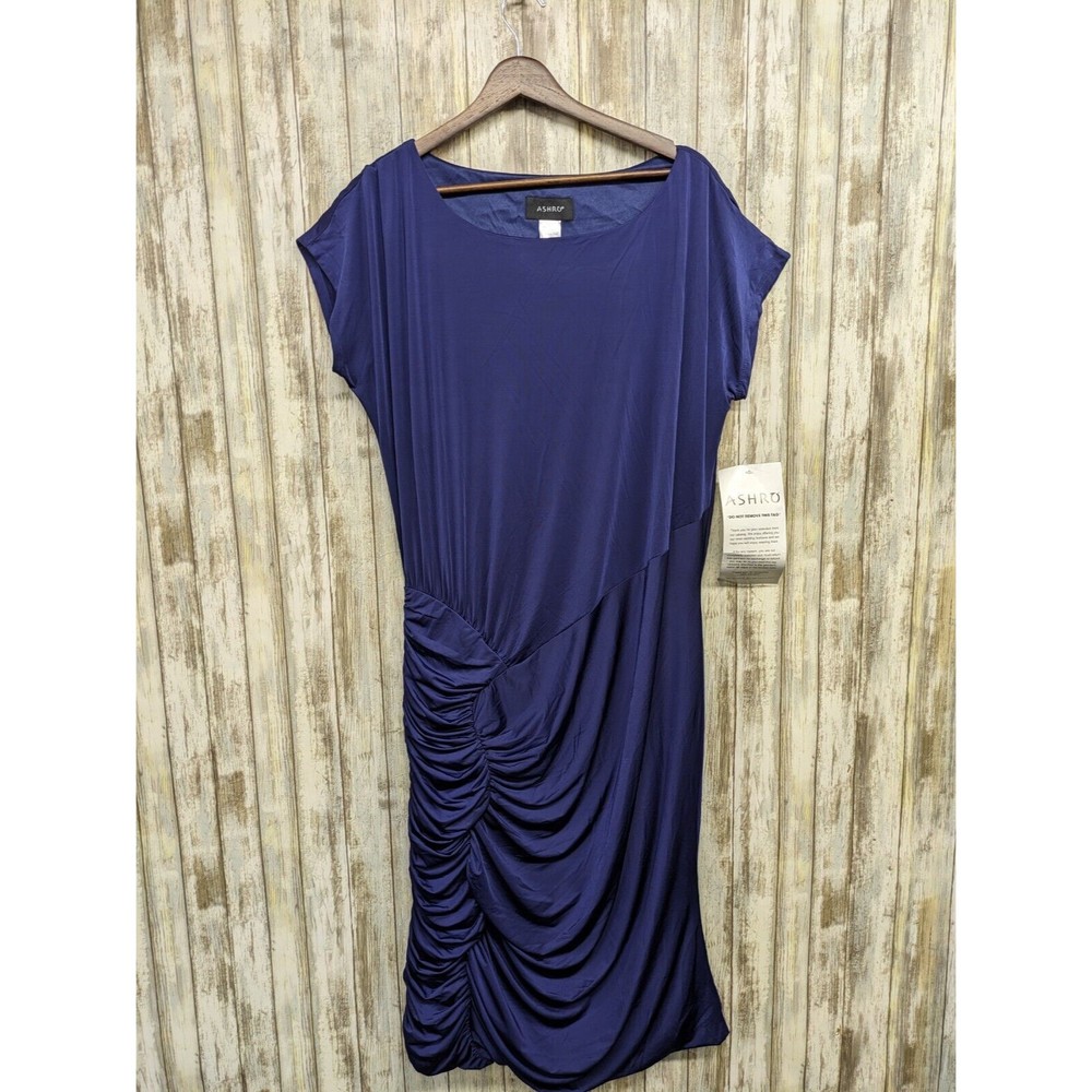 Ashro Bodycon Dress Ruched Short Sleeve Stretch Purple Pullover Large NWT